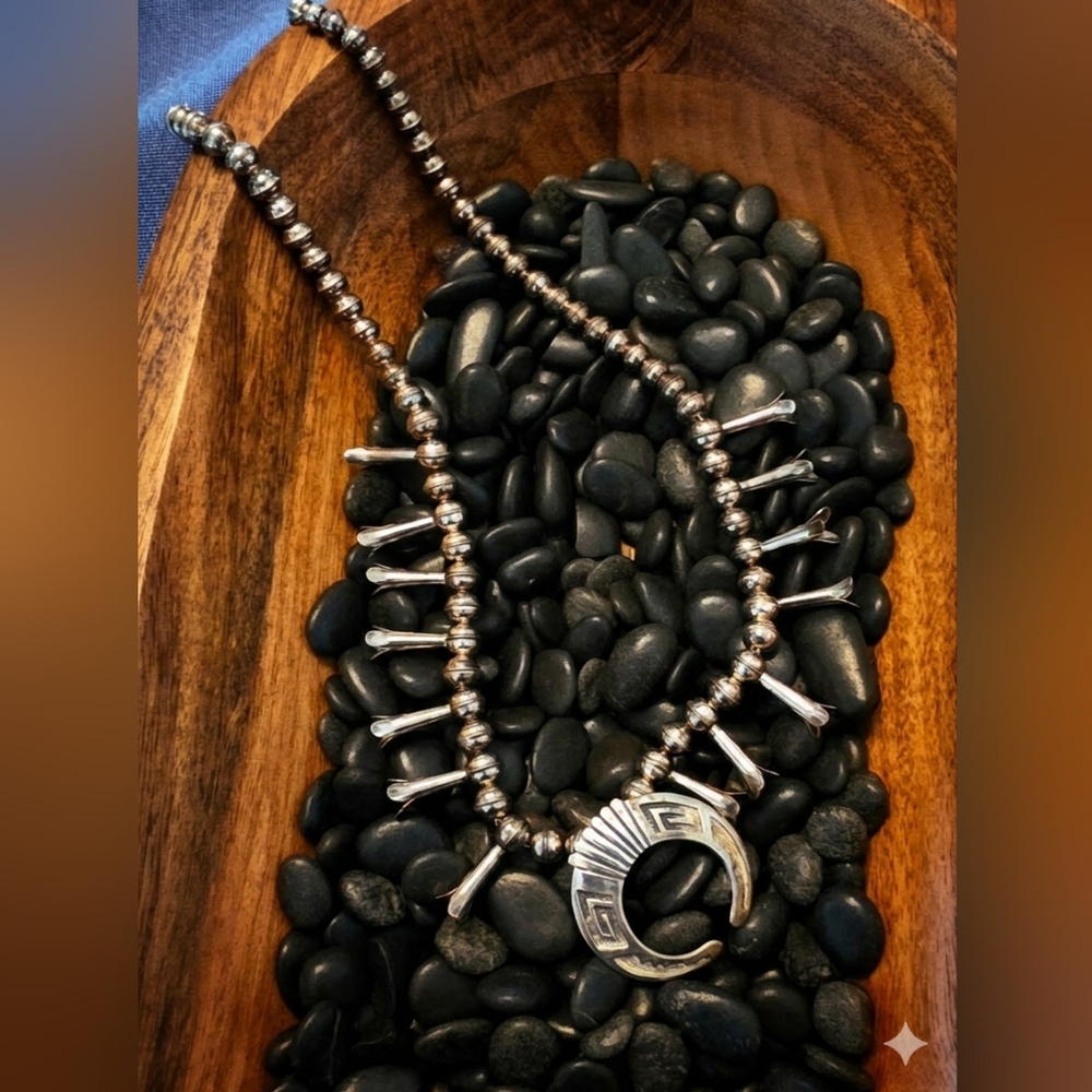 Navajo Sterling Silver Squash Blossom Necklace With Naja Pendant